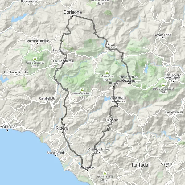 Miniatura della mappa di ispirazione al ciclismo "Road attraverso Borgo di Corleone e Cozzo Scibè" nella regione di Sicilia, Italy. Generata da Tarmacs.app, pianificatore di rotte ciclistiche