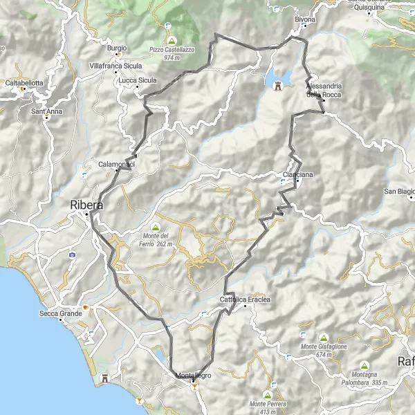 Miniatura della mappa di ispirazione al ciclismo "Road attraverso Monte del Lupo e Cozzo Savarini" nella regione di Sicilia, Italy. Generata da Tarmacs.app, pianificatore di rotte ciclistiche