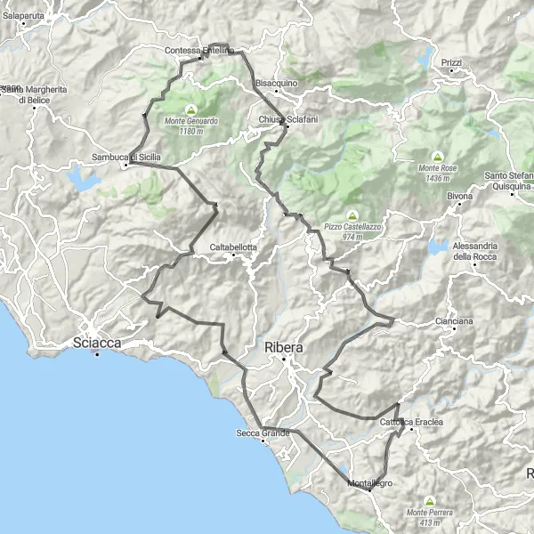 Miniatura della mappa di ispirazione al ciclismo "Road attraverso Sambuca di Sicilia e Monte Peloso" nella regione di Sicilia, Italy. Generata da Tarmacs.app, pianificatore di rotte ciclistiche
