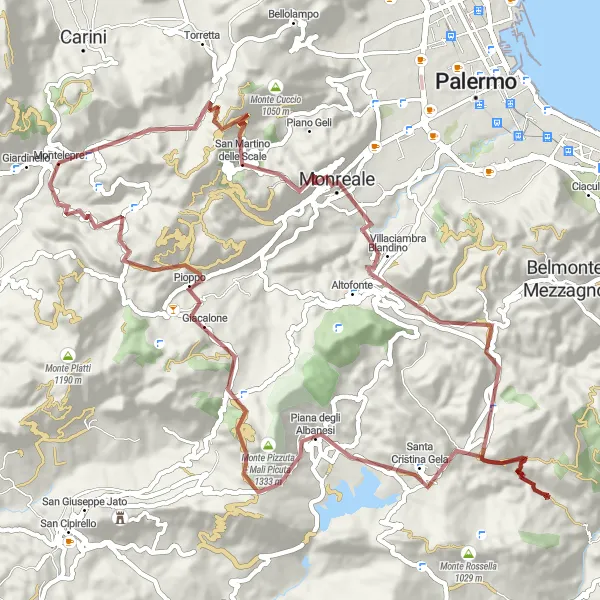 Miniatura della mappa di ispirazione al ciclismo "Esplorazione in gravel da Montelepre a Pioppo" nella regione di Sicilia, Italy. Generata da Tarmacs.app, pianificatore di rotte ciclistiche