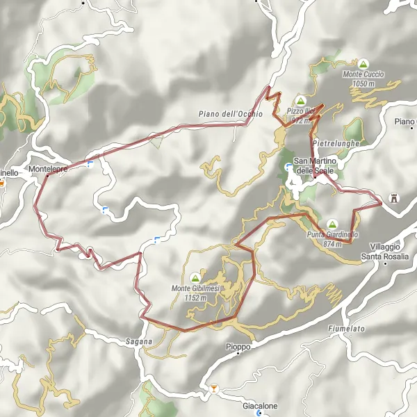 Miniatura della mappa di ispirazione al ciclismo "Giro in bicicletta da Montelepre al Pizzo dell'Uomo" nella regione di Sicilia, Italy. Generata da Tarmacs.app, pianificatore di rotte ciclistiche