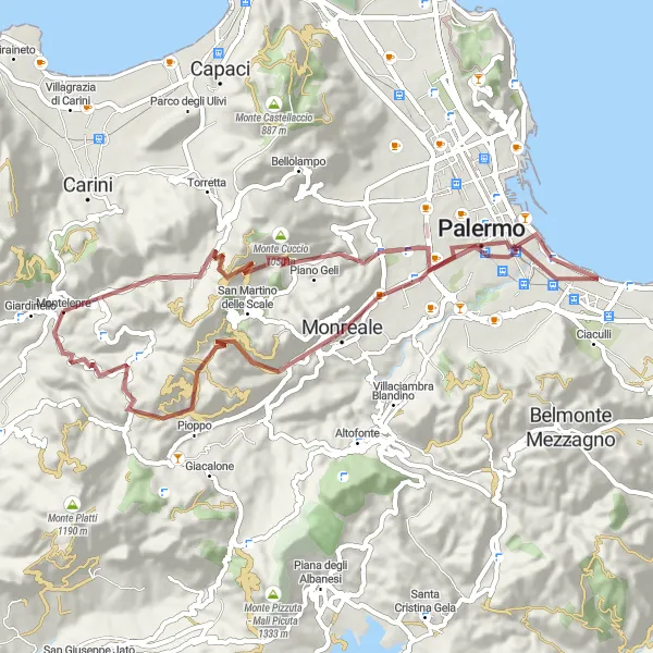 Miniatura della mappa di ispirazione al ciclismo "Esplorazione off-road tra Montelepre e Palermo" nella regione di Sicilia, Italy. Generata da Tarmacs.app, pianificatore di rotte ciclistiche