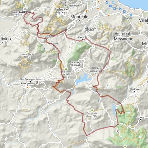 Miniatura della mappa di ispirazione al ciclismo "Giro in bicicletta fuori strada da Montelepre" nella regione di Sicilia, Italy. Generata da Tarmacs.app, pianificatore di rotte ciclistiche