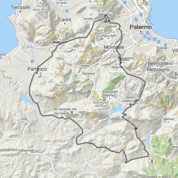 Map miniature of "The Climb to Monte Jato and Monreale Road Cycling" cycling inspiration in Sicilia, Italy. Generated by Tarmacs.app cycling route planner