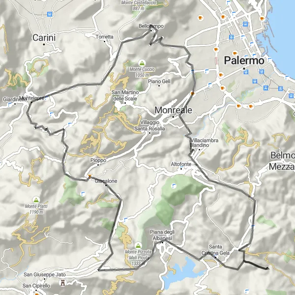 Miniatura della mappa di ispirazione al ciclismo "Giro panoramico tra Montelepre e Monreale" nella regione di Sicilia, Italy. Generata da Tarmacs.app, pianificatore di rotte ciclistiche