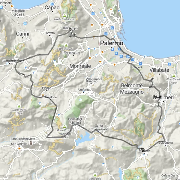 Miniatura della mappa di ispirazione al ciclismo "Tour in bicicletta da Montelepre a Piana degli Albanesi" nella regione di Sicilia, Italy. Generata da Tarmacs.app, pianificatore di rotte ciclistiche