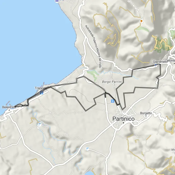 Map miniature of "Borgo Parrini to Partinico Gravel Loop" cycling inspiration in Sicilia, Italy. Generated by Tarmacs.app cycling route planner