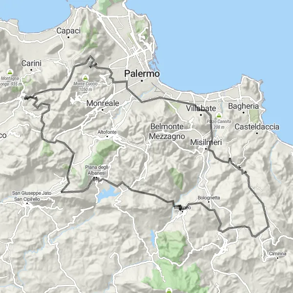 Miniatura della mappa di ispirazione al ciclismo "Avventura ciclistica tra Montelepre e Bolognetta" nella regione di Sicilia, Italy. Generata da Tarmacs.app, pianificatore di rotte ciclistiche