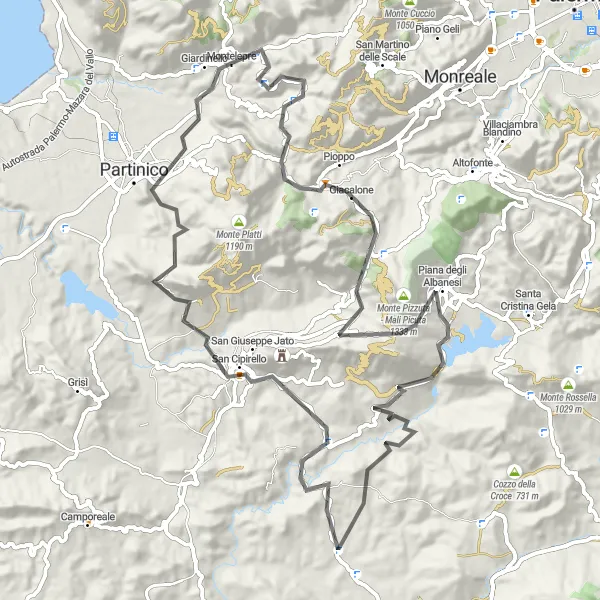 Miniatura della mappa di ispirazione al ciclismo "Giro in bici da Montelepre" nella regione di Sicilia, Italy. Generata da Tarmacs.app, pianificatore di rotte ciclistiche