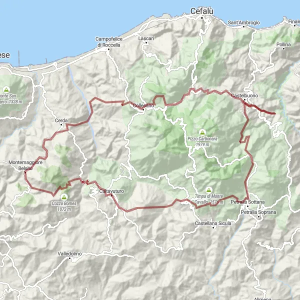 Map miniature of "Montemaggiore Belsito - Aliminusa - Cozzo Trabiata - Collesano - Isnello - Monte Grotta Grande - Castelbuono - Nociazzi - Caltavuturo - Cozzo Viscardo" cycling inspiration in Sicilia, Italy. Generated by Tarmacs.app cycling route planner