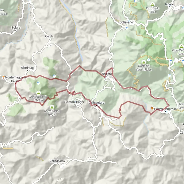 Map miniature of "Montemaggiore Belsito - Aliminusa - Rocca Mitarda - Cozzo Piano Gennaro - Scillato - Polizzi Generosa - Rocca di Sciara - Caltavuturo - Cozzo Viscardo" cycling inspiration in Sicilia, Italy. Generated by Tarmacs.app cycling route planner