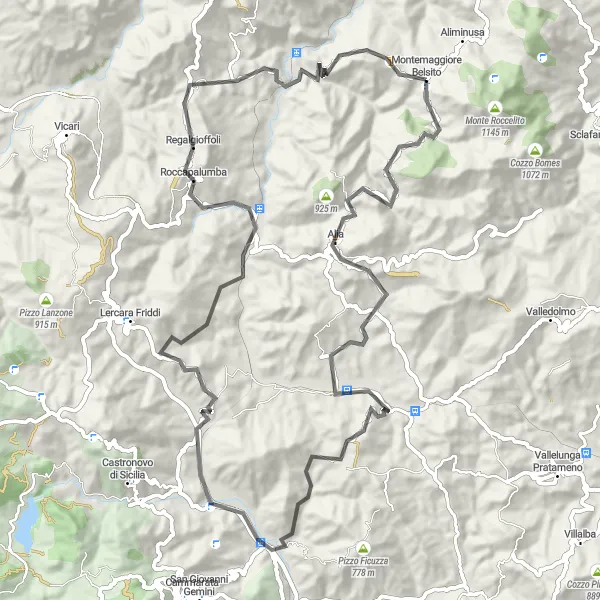 Map miniature of "Montemaggiore Belsito - Alia - Cozzo Regalmici - Roccapalumba - Monte Scardilla" cycling inspiration in Sicilia, Italy. Generated by Tarmacs.app cycling route planner