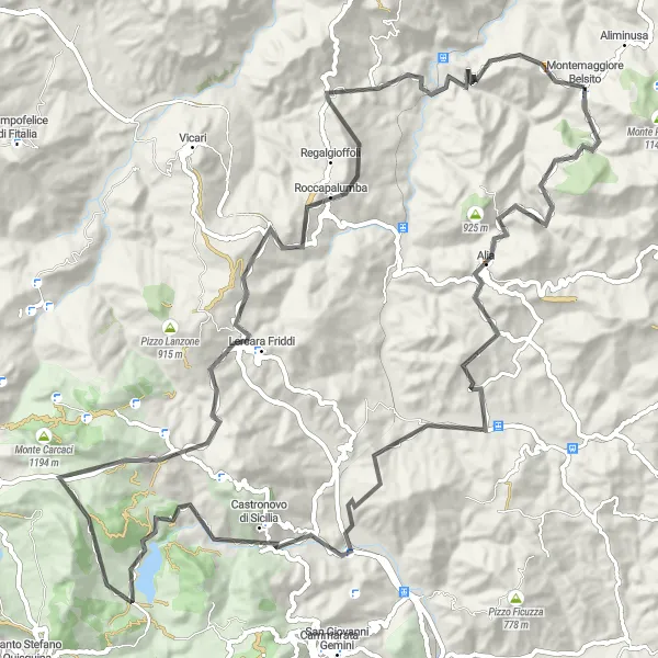Map miniature of "Montemaggiore Belsito - Alia - Cozzo Fanaco - Cozzo del Cairo - Lercara Friddi - Roccapalumba - Monte Scardilla" cycling inspiration in Sicilia, Italy. Generated by Tarmacs.app cycling route planner