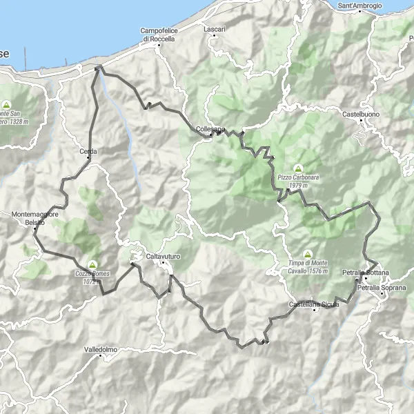 Map miniature of "The Road Warrior" cycling inspiration in Sicilia, Italy. Generated by Tarmacs.app cycling route planner