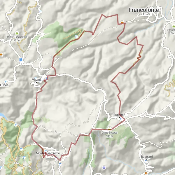 Map miniature of "Exploring the Gravel Paths of Monterosso Almo" cycling inspiration in Sicilia, Italy. Generated by Tarmacs.app cycling route planner