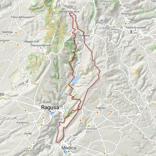 Map miniature of "Charming Gravel Ride through Rural Sicily" cycling inspiration in Sicilia, Italy. Generated by Tarmacs.app cycling route planner