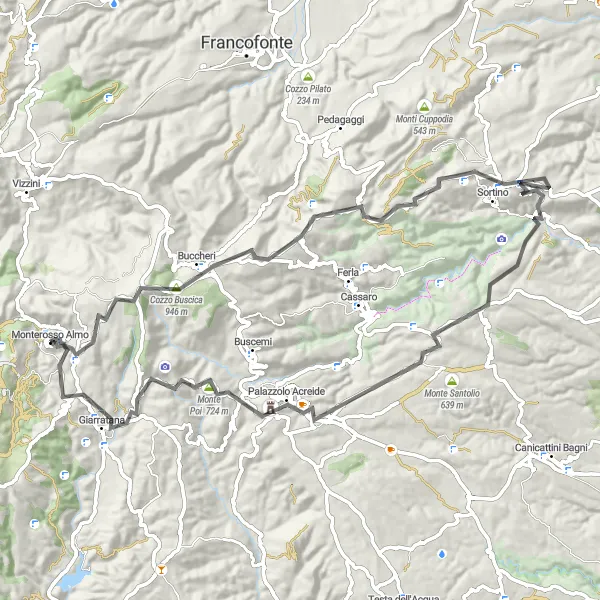 Miniatura della mappa di ispirazione al ciclismo "Tour su Strada tra Monti e Borghi" nella regione di Sicilia, Italy. Generata da Tarmacs.app, pianificatore di rotte ciclistiche