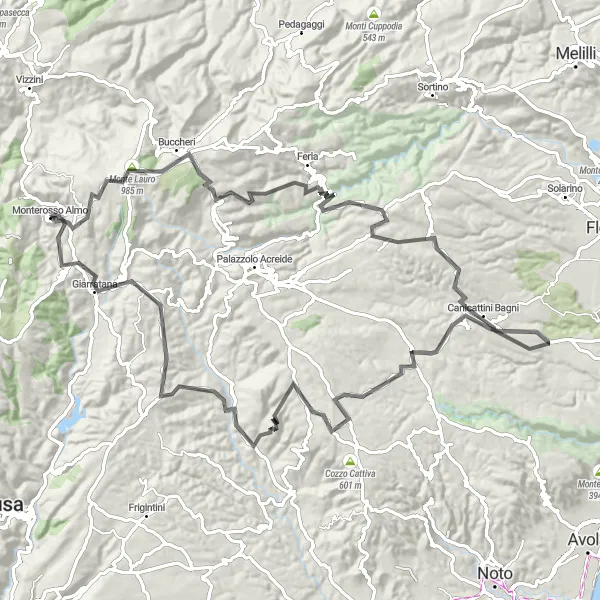 Miniatura della mappa di ispirazione al ciclismo "Il giro di Monte Lauro e dintorni" nella regione di Sicilia, Italy. Generata da Tarmacs.app, pianificatore di rotte ciclistiche