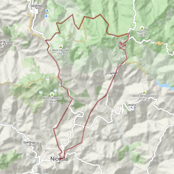 Miniatura della mappa di ispirazione al ciclismo "Giro in Gravel intorno a Nicosia" nella regione di Sicilia, Italy. Generata da Tarmacs.app, pianificatore di rotte ciclistiche