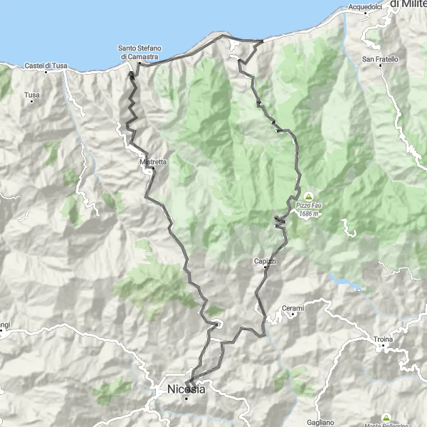 Miniatura della mappa di ispirazione al ciclismo "La Grande Traversata dei Monti di Nicosia" nella regione di Sicilia, Italy. Generata da Tarmacs.app, pianificatore di rotte ciclistiche