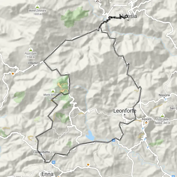 Map miniature of "Road Cycling Adventure from Nicosia" cycling inspiration in Sicilia, Italy. Generated by Tarmacs.app cycling route planner