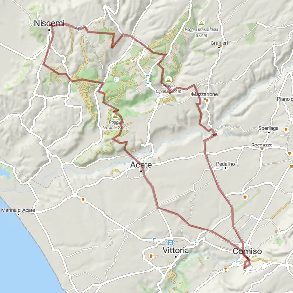 Map miniature of "Scenic Gravel Route from Niscemi" cycling inspiration in Sicilia, Italy. Generated by Tarmacs.app cycling route planner