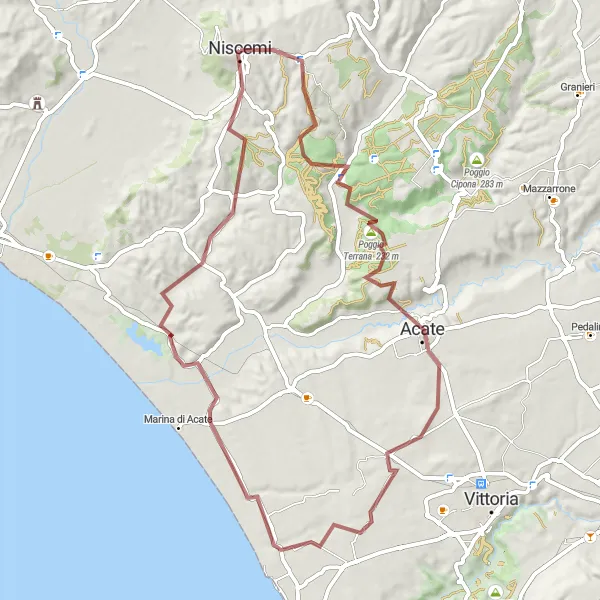 Map miniature of "Niscemi to Acate" cycling inspiration in Sicilia, Italy. Generated by Tarmacs.app cycling route planner