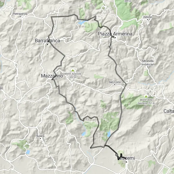 Map miniature of "Niscemi Loop Road Cycling Route" cycling inspiration in Sicilia, Italy. Generated by Tarmacs.app cycling route planner