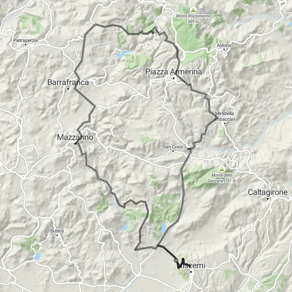 Map miniature of "Niscemi Countryside Road Cycling Adventure" cycling inspiration in Sicilia, Italy. Generated by Tarmacs.app cycling route planner