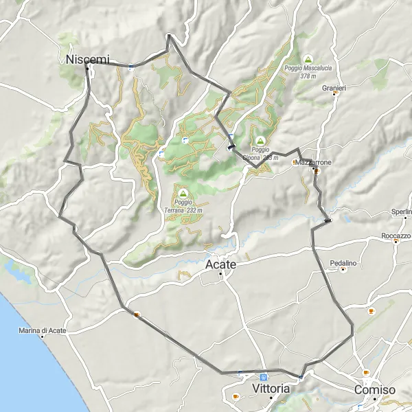 Miniatura della mappa di ispirazione al ciclismo "Attraverso Santo Pietro a Niscemi" nella regione di Sicilia, Italy. Generata da Tarmacs.app, pianificatore di rotte ciclistiche