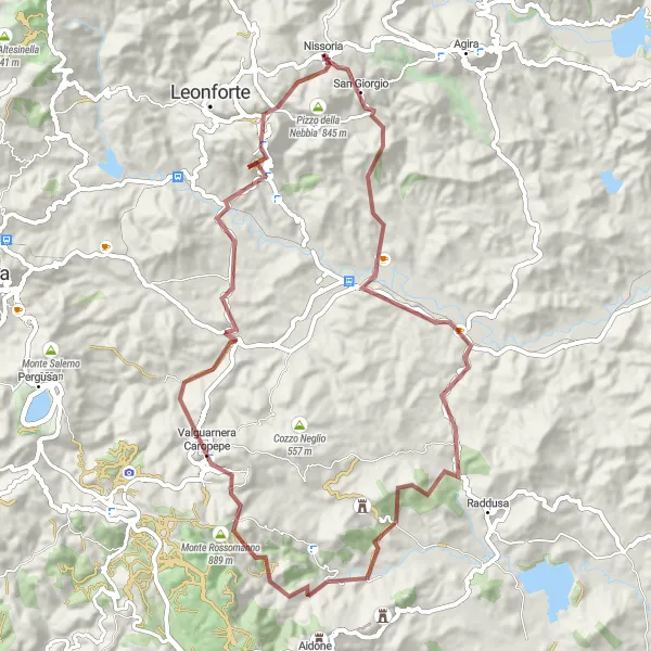 Miniatura della mappa di ispirazione al ciclismo "Cicloturismo su Monti Zimbalio e Rossomanno" nella regione di Sicilia, Italy. Generata da Tarmacs.app, pianificatore di rotte ciclistiche