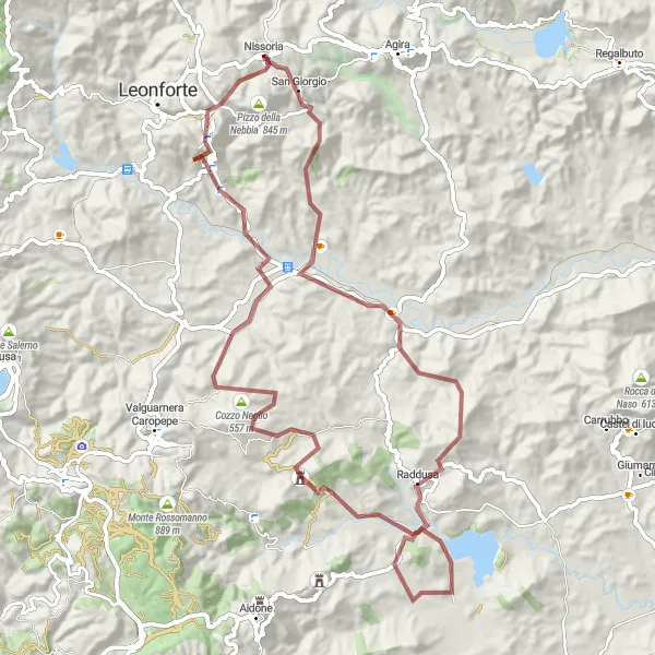 Miniatura della mappa di ispirazione al ciclismo "Giro in bicicletta intorno a Nissoria" nella regione di Sicilia, Italy. Generata da Tarmacs.app, pianificatore di rotte ciclistiche
