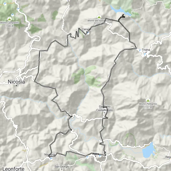 Miniatura della mappa di ispirazione al ciclismo "Giro in bici da Nissoria ad Agira" nella regione di Sicilia, Italy. Generata da Tarmacs.app, pianificatore di rotte ciclistiche