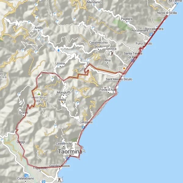 Miniatura della mappa di ispirazione al ciclismo "Exploring Sicily in gravel bike: Santa Teresa di Riva trail" nella regione di Sicilia, Italy. Generata da Tarmacs.app, pianificatore di rotte ciclistiche