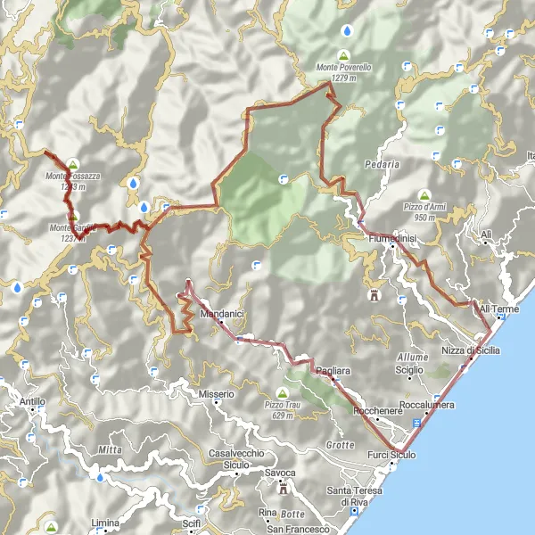 Map miniature of "Gravel Giro della Riviera Ionica" cycling inspiration in Sicilia, Italy. Generated by Tarmacs.app cycling route planner