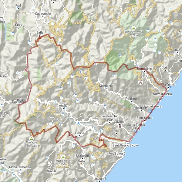 Map miniature of "Sant'Alessio Siculo - Montagna Grande - Fiumedinisi Loop" cycling inspiration in Sicilia, Italy. Generated by Tarmacs.app cycling route planner