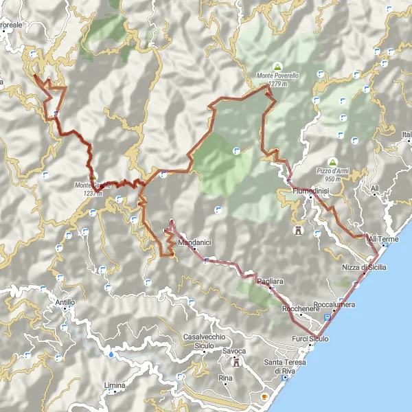 Map miniature of "Pizzo Ilici - Monte Poverello - Fiumedinisi Loop" cycling inspiration in Sicilia, Italy. Generated by Tarmacs.app cycling route planner
