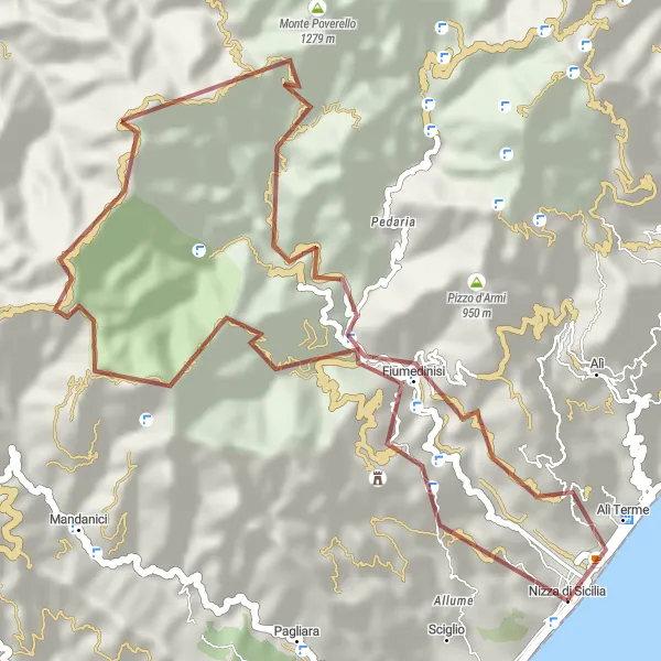Map miniature of "Nizza di Sicilia - Pizzo Motta - Alì Terme Gravel Loop" cycling inspiration in Sicilia, Italy. Generated by Tarmacs.app cycling route planner