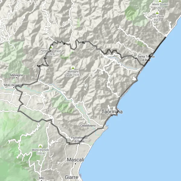 Map miniature of "Scenic Road Tour: Nizza di Sicilia to Outskirts" cycling inspiration in Sicilia, Italy. Generated by Tarmacs.app cycling route planner