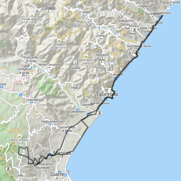 Miniatura della mappa di ispirazione al ciclismo "Giro panoramico tra Nizza di Sicilia e Monte Tauro" nella regione di Sicilia, Italy. Generata da Tarmacs.app, pianificatore di rotte ciclistiche