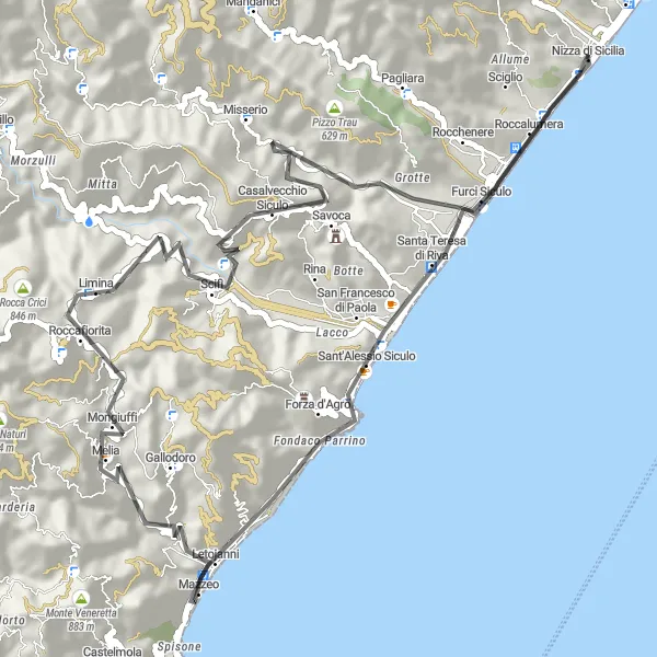 Miniatura della mappa di ispirazione al ciclismo "Giro in bici stradale verso Sant'Alessio Siculo" nella regione di Sicilia, Italy. Generata da Tarmacs.app, pianificatore di rotte ciclistiche