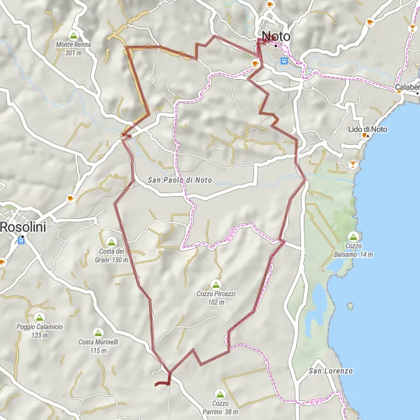 Miniatura della mappa di ispirazione al ciclismo "Giro in Gravel tra Noto e Monte Tremaiali" nella regione di Sicilia, Italy. Generata da Tarmacs.app, pianificatore di rotte ciclistiche