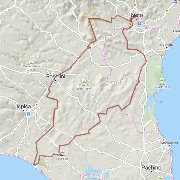 Miniatura della mappa di ispirazione al ciclismo "Esplorazione Gravel tra Noto e Rosolini" nella regione di Sicilia, Italy. Generata da Tarmacs.app, pianificatore di rotte ciclistiche