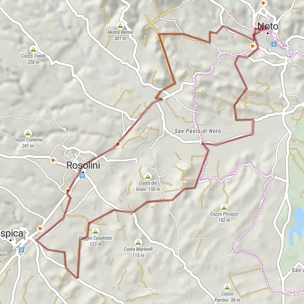 Miniatura della mappa di ispirazione al ciclismo "Avventura tra Rosolini e Noto" nella regione di Sicilia, Italy. Generata da Tarmacs.app, pianificatore di rotte ciclistiche