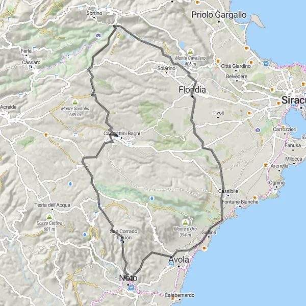 Miniatura della mappa di ispirazione al ciclismo "Tra Noto e Avola" nella regione di Sicilia, Italy. Generata da Tarmacs.app, pianificatore di rotte ciclistiche