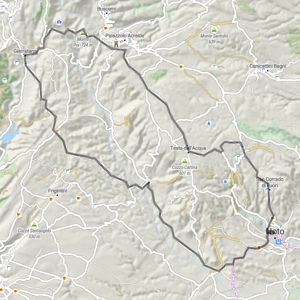 Map miniature of "The Noto-Porta Reale loop" cycling inspiration in Sicilia, Italy. Generated by Tarmacs.app cycling route planner