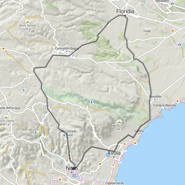 Map miniature of "Beautiful Coastal Ride" cycling inspiration in Sicilia, Italy. Generated by Tarmacs.app cycling route planner