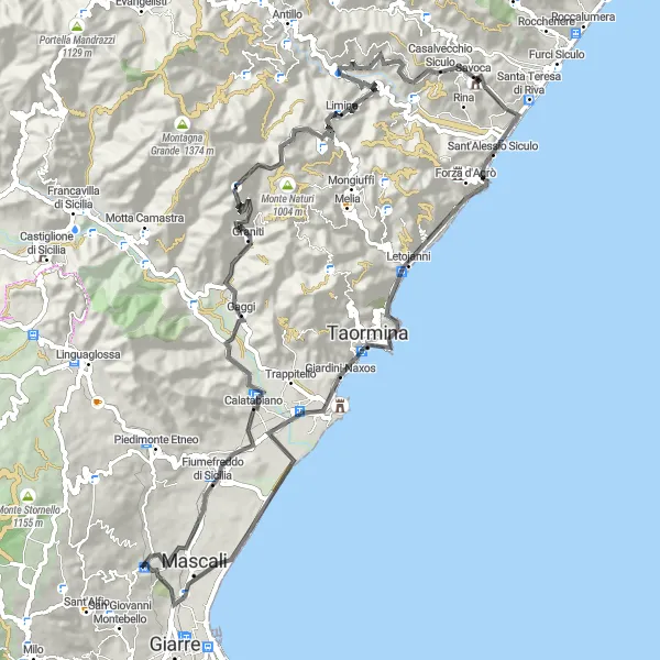 Map miniature of "Picturesque Road Ride through Nunziata and Gaggi" cycling inspiration in Sicilia, Italy. Generated by Tarmacs.app cycling route planner