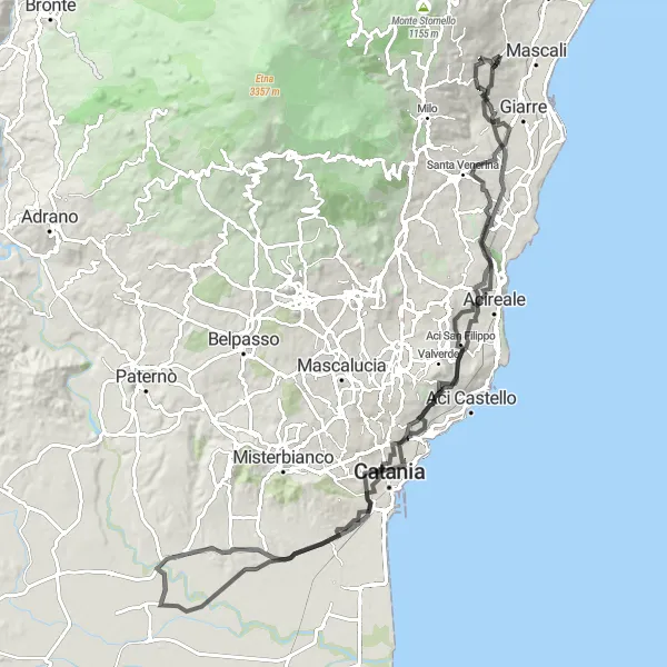 Map miniature of "Nunziata to Librino: Cultural Exploration on Two Wheels" cycling inspiration in Sicilia, Italy. Generated by Tarmacs.app cycling route planner