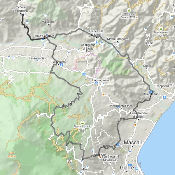 Miniatura della mappa di ispirazione al ciclismo "Giro in bicicletta da Nunziata a Santa Venera" nella regione di Sicilia, Italy. Generata da Tarmacs.app, pianificatore di rotte ciclistiche